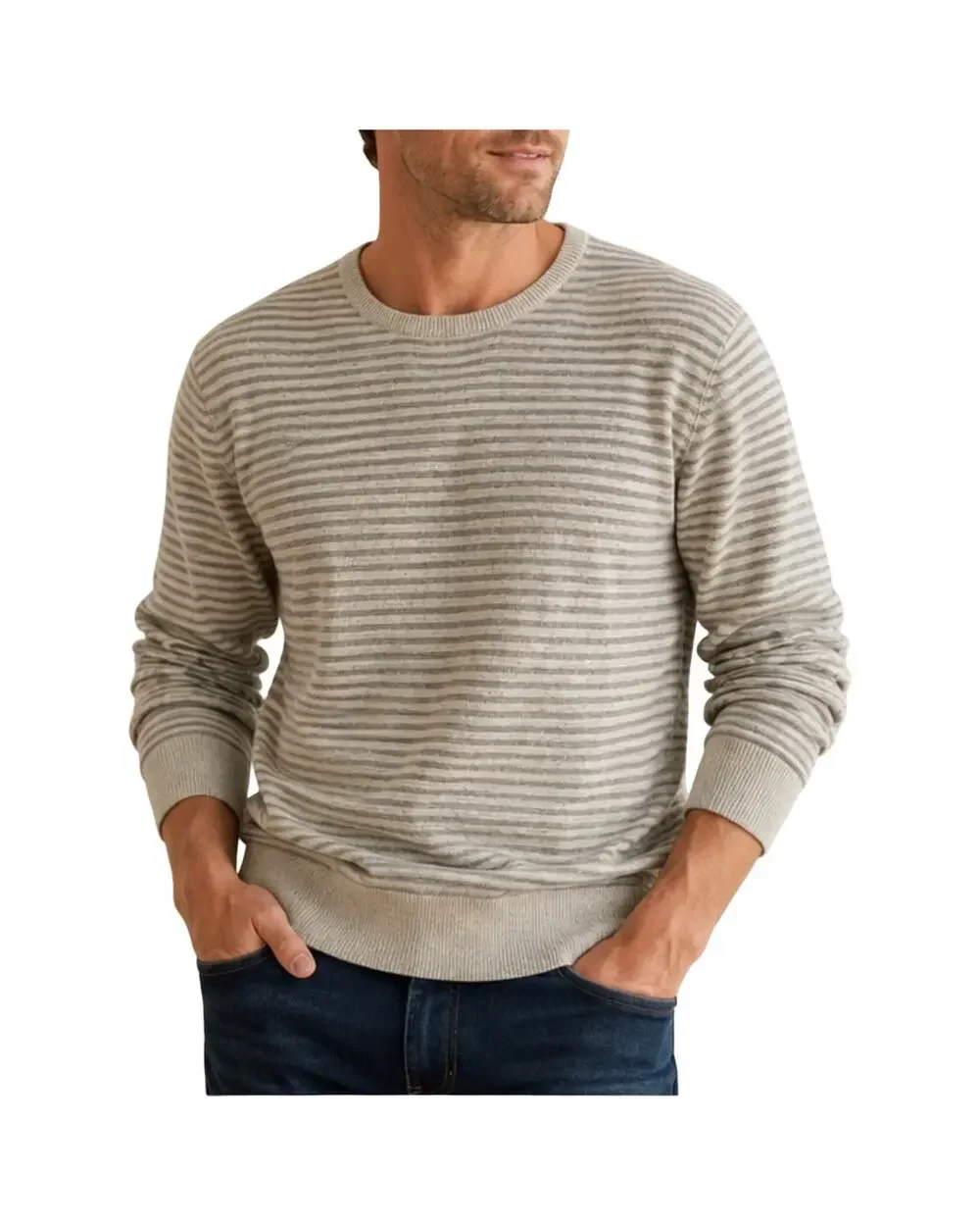 J Crew Sweater Mens Size Large Merino Wool Cotton Crewneck Gray Stripe Pulllover